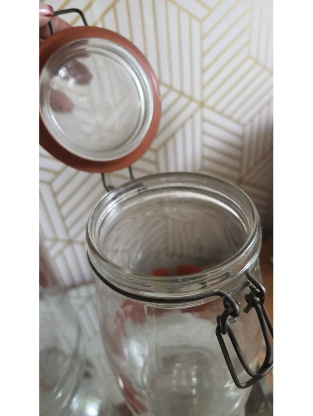 Vintage Triomphe Set Of Glass Coffee & Tea Canister Jars W/ Brown Text Bale Lids
